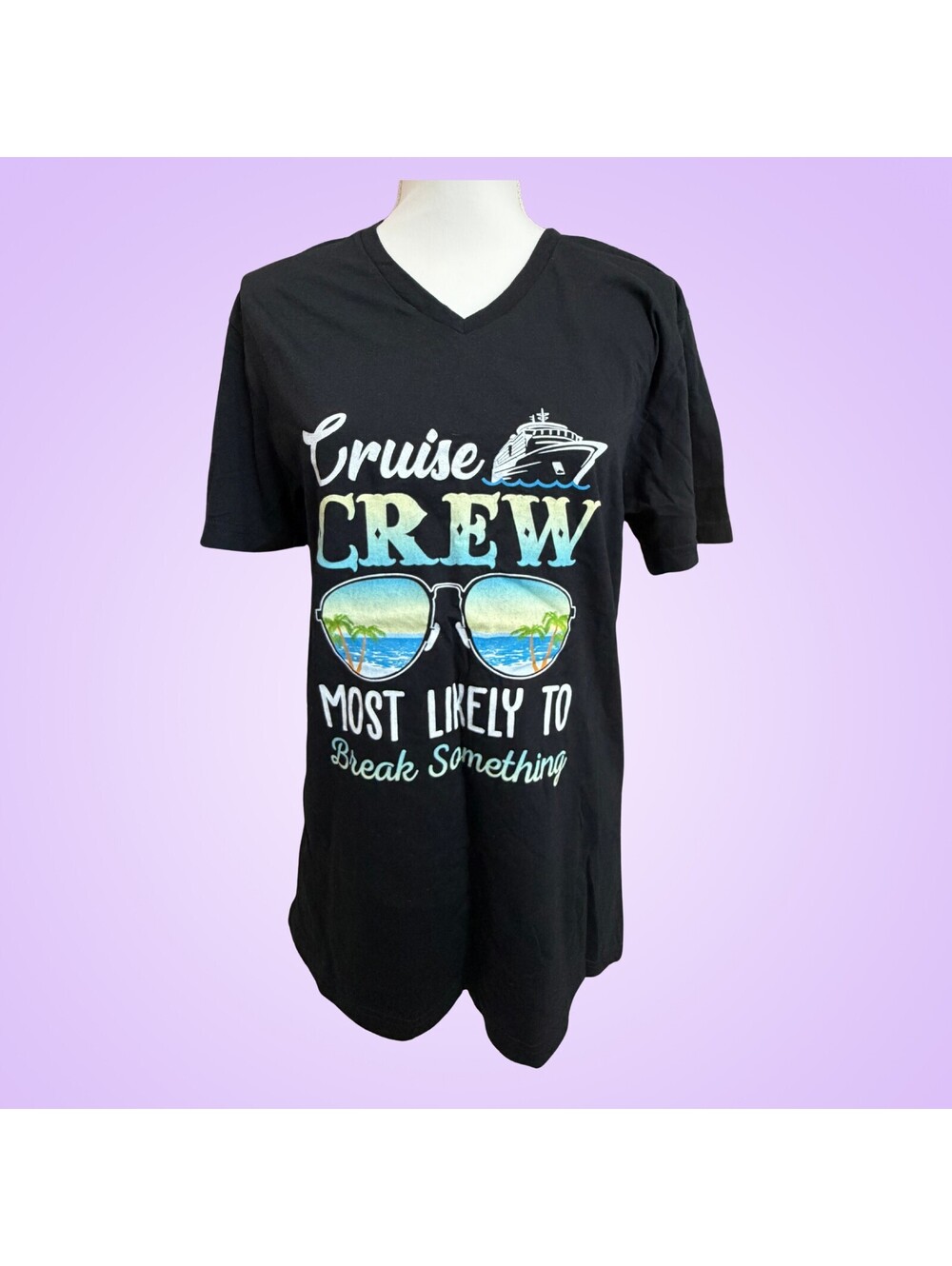 Gildan Womens Medium Black Cruise Crew Funny Vacation Graphic V Neck T Shirt